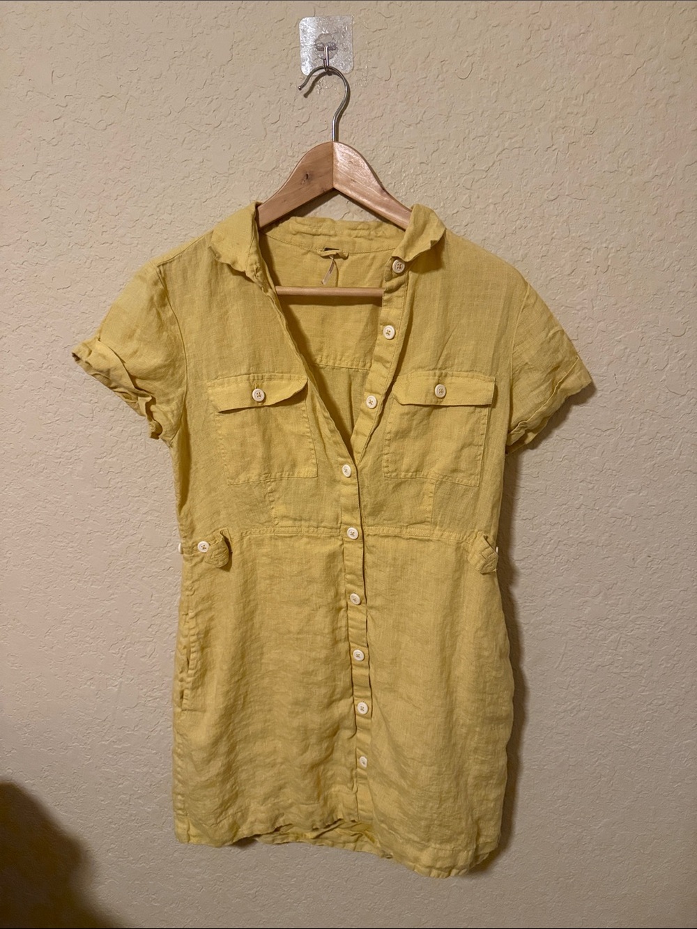 Free People Yellow Button-Front Linen Mini Dress